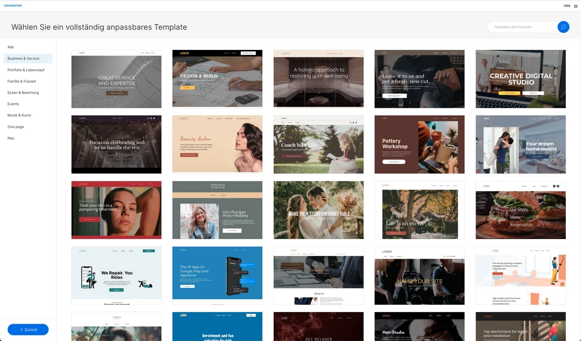 UI eines Template-Auswahlfensters: Raster von Vorlagen-Thumbnails, linke Seitenleiste und obere Überschrift.