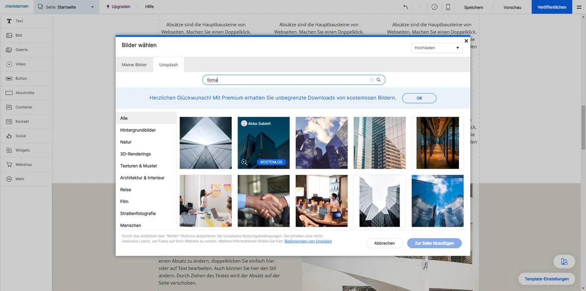 Screenshot eines Bildauswahl-Dialogs mit Thumbnail-Vorschaubildern in einer Web-Oberfläche; links eine Kategorienliste.