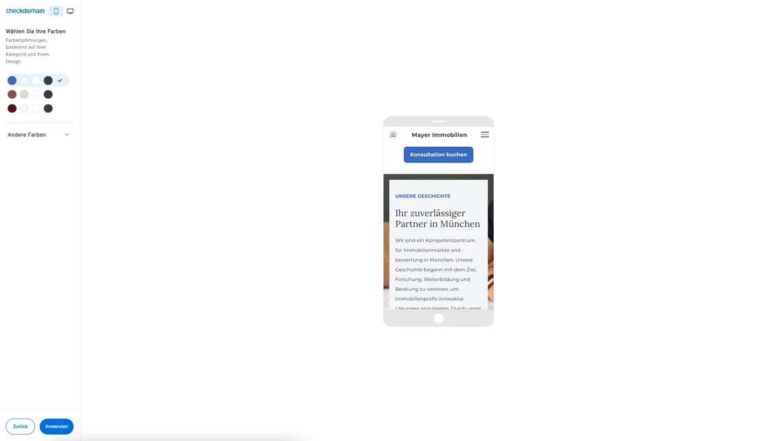 Zentrales Smartphone-Mockup vor weißem Hintergrund; links Farbauswahl; Bildschirm zeigt Textabschnitt.