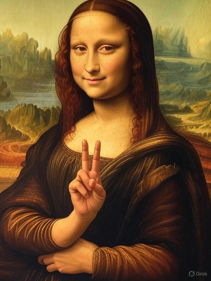 Porträt einer Frau in dunkler Robe, braune Haare, sanftes Lächeln; rechte Hand hebt zwei Finger, linke ruht.