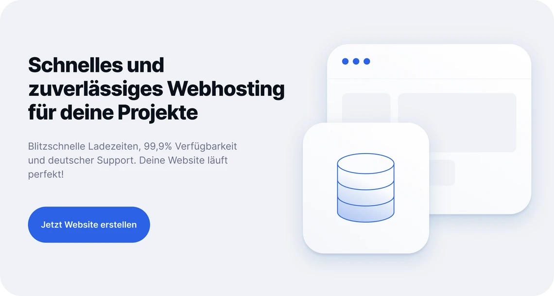 Linke Spalte mit Überschrift 'Schnelles Webhosting' und blauem Button; rechts Browserfenster mit Database-Icon.
