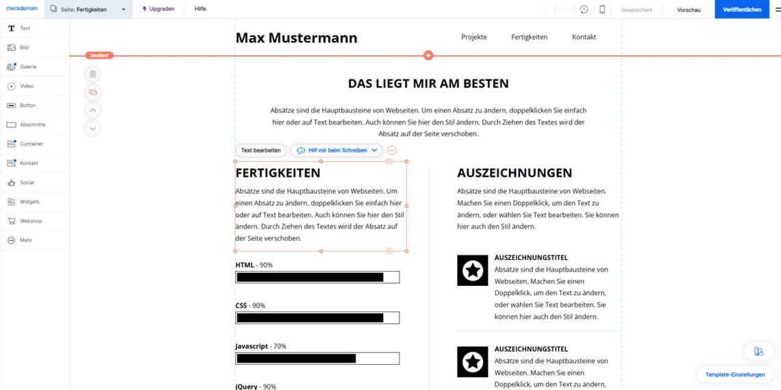 Profilseite mit linker Leiste; Überschrift DAS LIEGT MIR AM BESTEN und Balken in Fertigkeiten/Auszeichnungen.