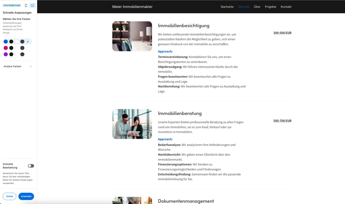 Screenshot einer Immobilien-Website mit drei Angebotsbereichen und Vorschaubildern.