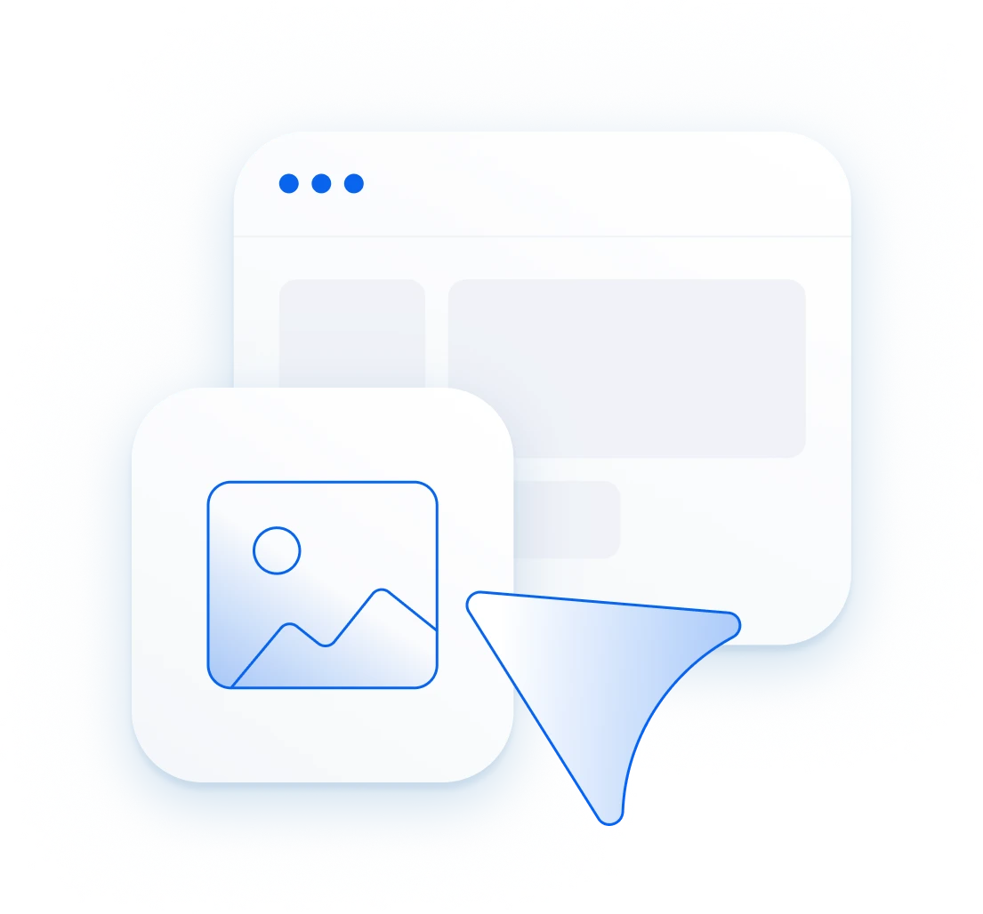 Großes abgerundetes Browserfenster mit grauen Platzhaltern; davor eine kleinere quadratische Bildvorschau mit blauem Rand.