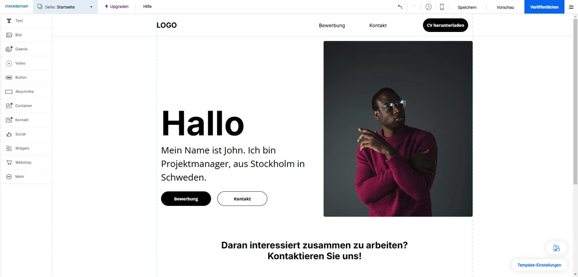Screenshot einer Website: Links großer Text Hallo; rechts Portrait einer Person in rotem Pullover vor dunklem Hintergrund.