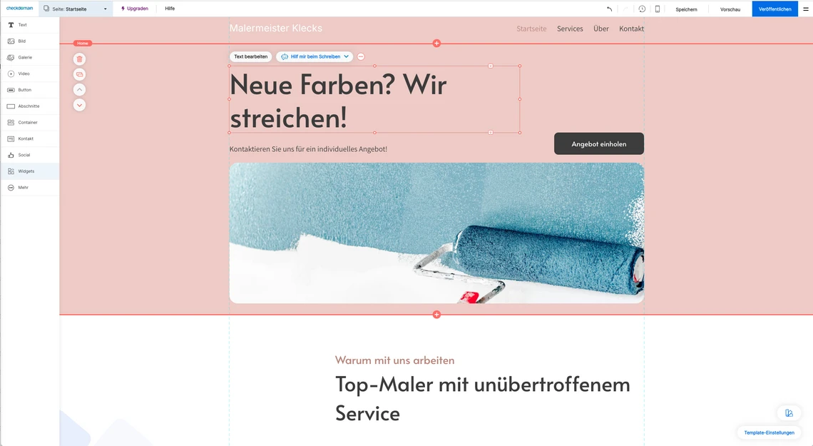 Webseite mit pinkem Hintergrund, Überschrift 'Neue Farben? Wir streichen!' und Bild einer Farbrolle; Button 'Angebot erstellen'.