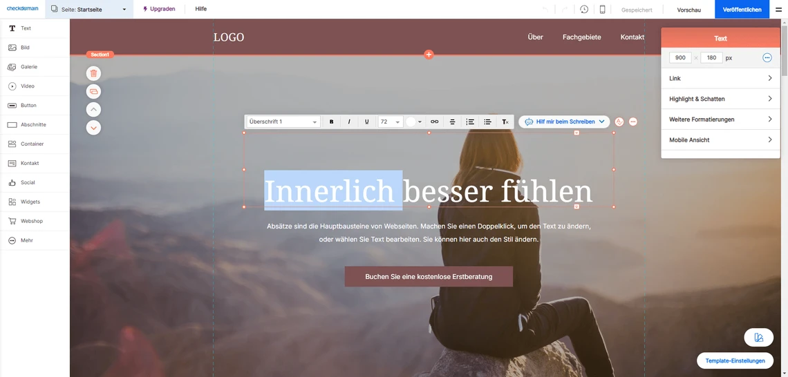 Website-Editor: Person auf Klippe bei Sonnenuntergang; Overlay-Text 'Innerlich besser fühlen'.