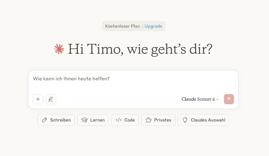 Screenshot einer Chat-Oberfläche: Text 'Hi Timo, wie geht's dir?' auf cremefarbenem Hintergrund, darunter ein weißes Dialogfenster.