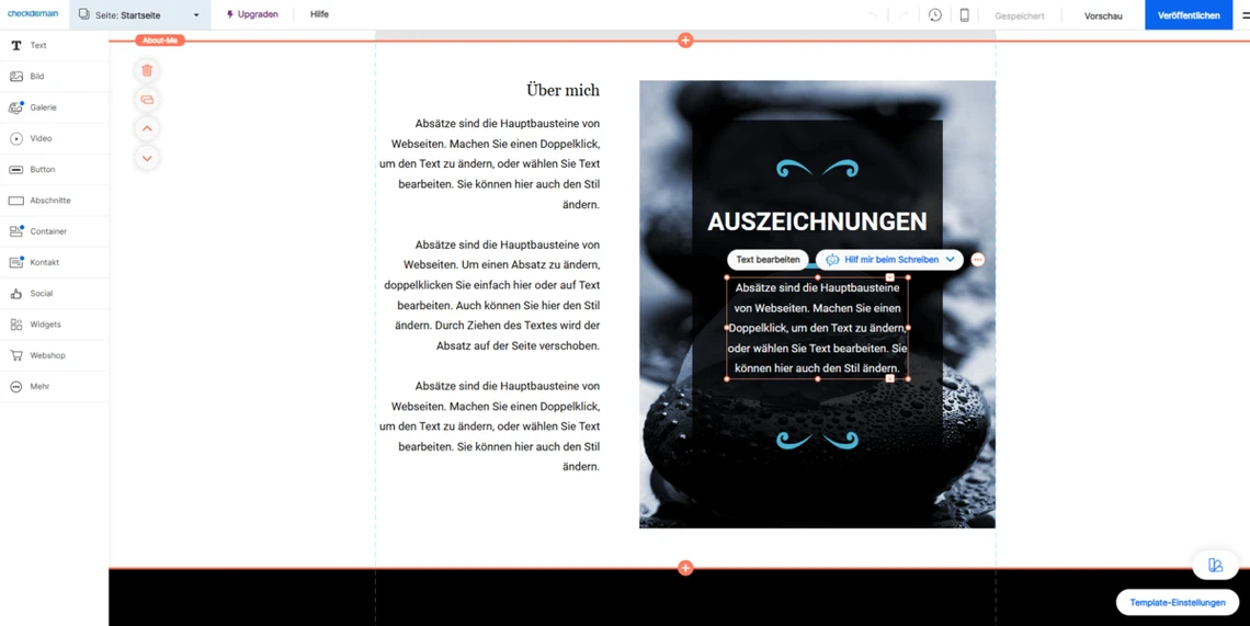 Webdesign-Editor: linke Seitenleiste, Textblöcke in der Mitte; rechts schwarzes Bild mit Overlay 'AUSZEICHNUNGEN'.