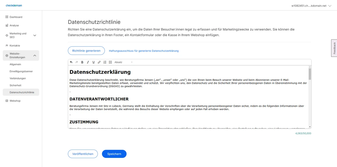 Screenshot einer Datenschutz-Seite: linke Navigation, zentrale Box mit Datenschutzerklärung und Abschnitten.