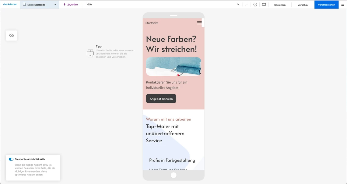 Smartphone-UI-Mockup in Design-Software; Bildschirm zeigt pinken Verlauf und Text: Neue Farben? Wir streichen!