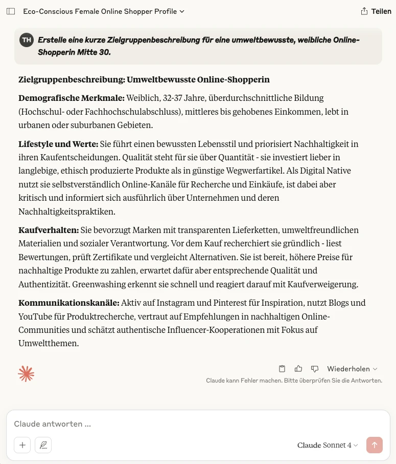 Screenshot einer Profilseite mit Überschriften und Fließtext zur Zielgruppe Umweltbewusste Online-Shopperin.
