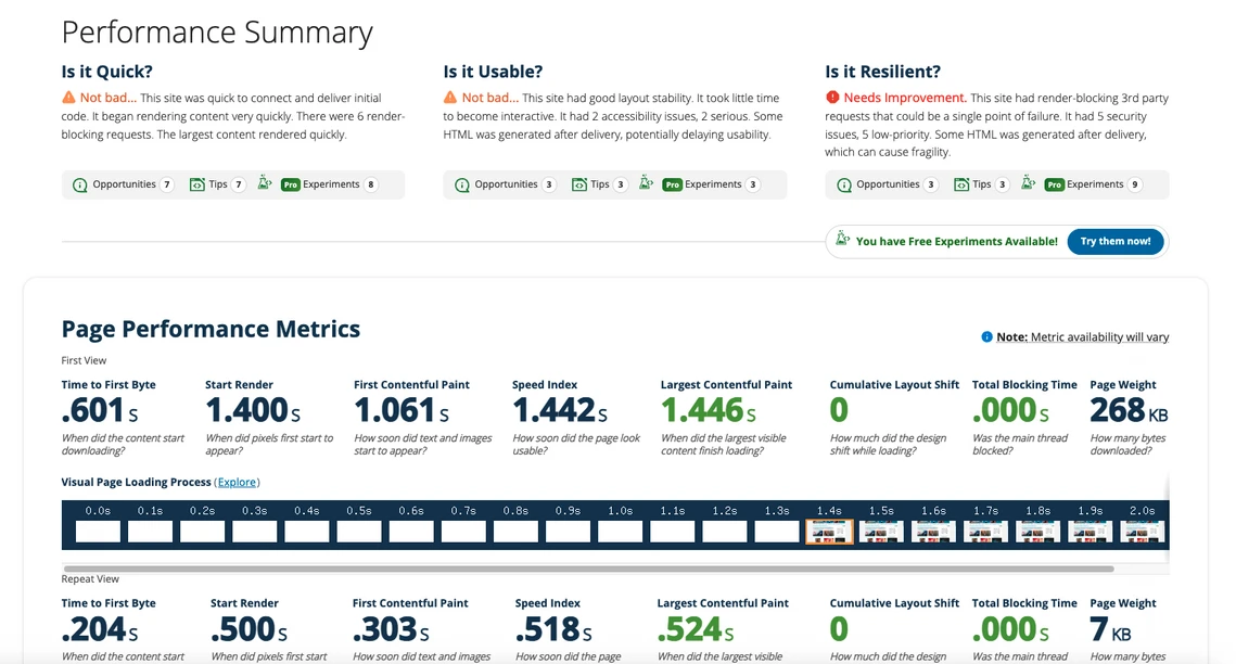Screenshot einer Seite mit Performance Summary: Is it Quick?, Is it Usable?, Is it Resilient? und Page Performance Metrics.