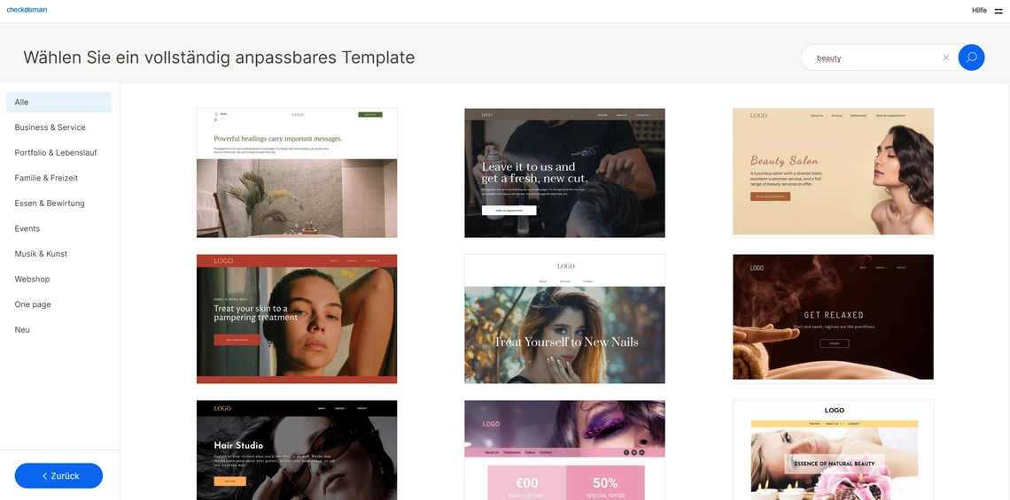 Screenshot einer Template-Auswahl mit linkem Menü und Vorlagen im Raster.