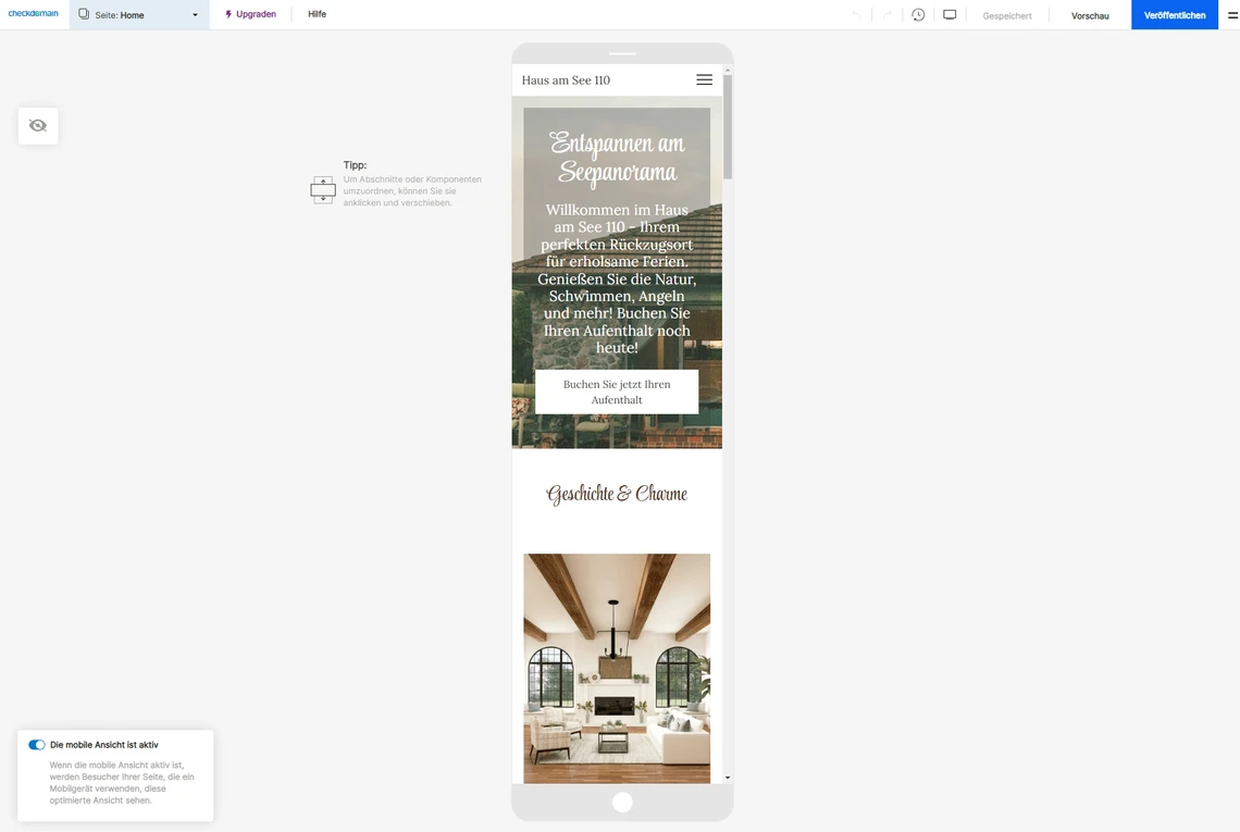 Vertikales Smartphone, das eine Webseite zeigt: oben ein Bannerbild mit Text, darunter weitere Bild- und Textelemente.