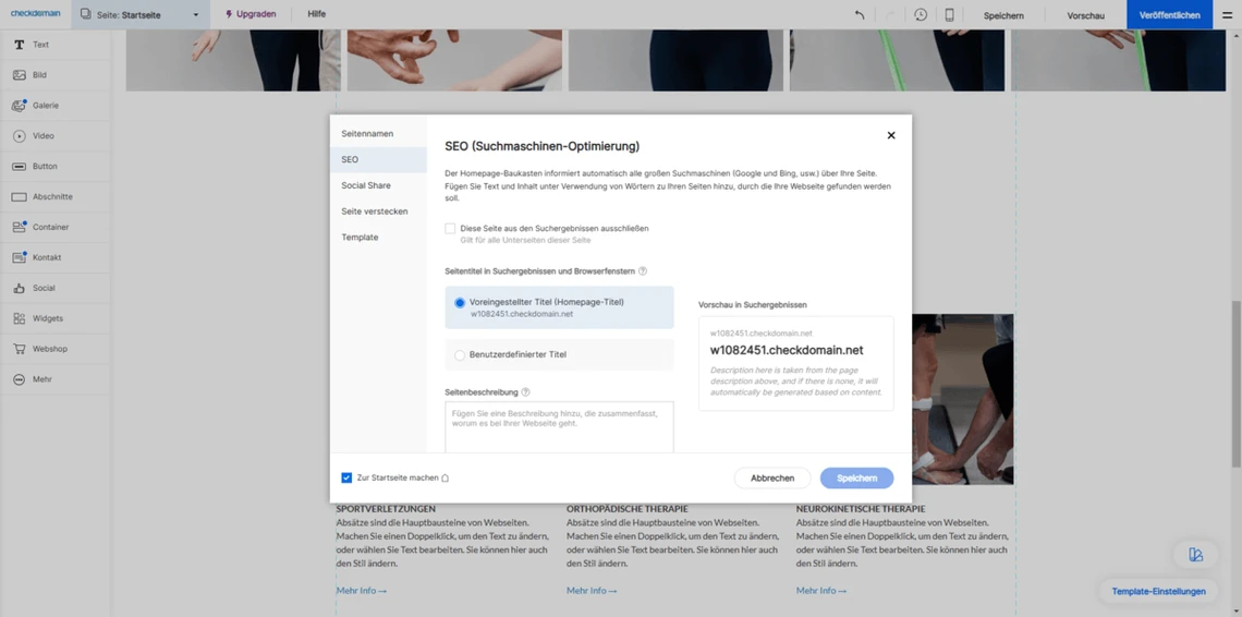 Screenshot eines Browserfensters mit zentralem SEO-Dialog; Hintergrund zeigt Thumbnails.