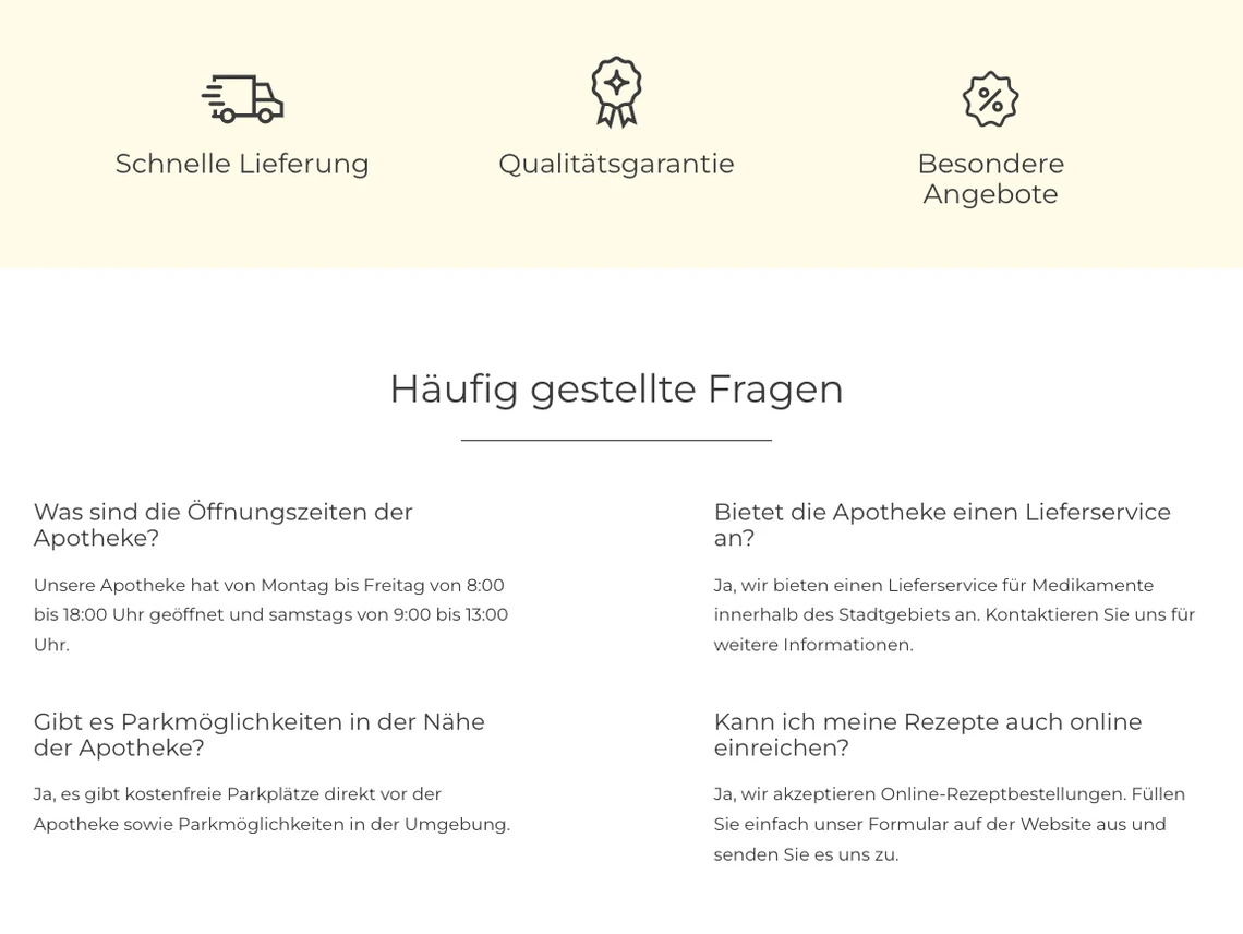 Screenshot einer FAQ-Seite mit drei Icons oben und Überschrift Häufig gestellte Fragen.