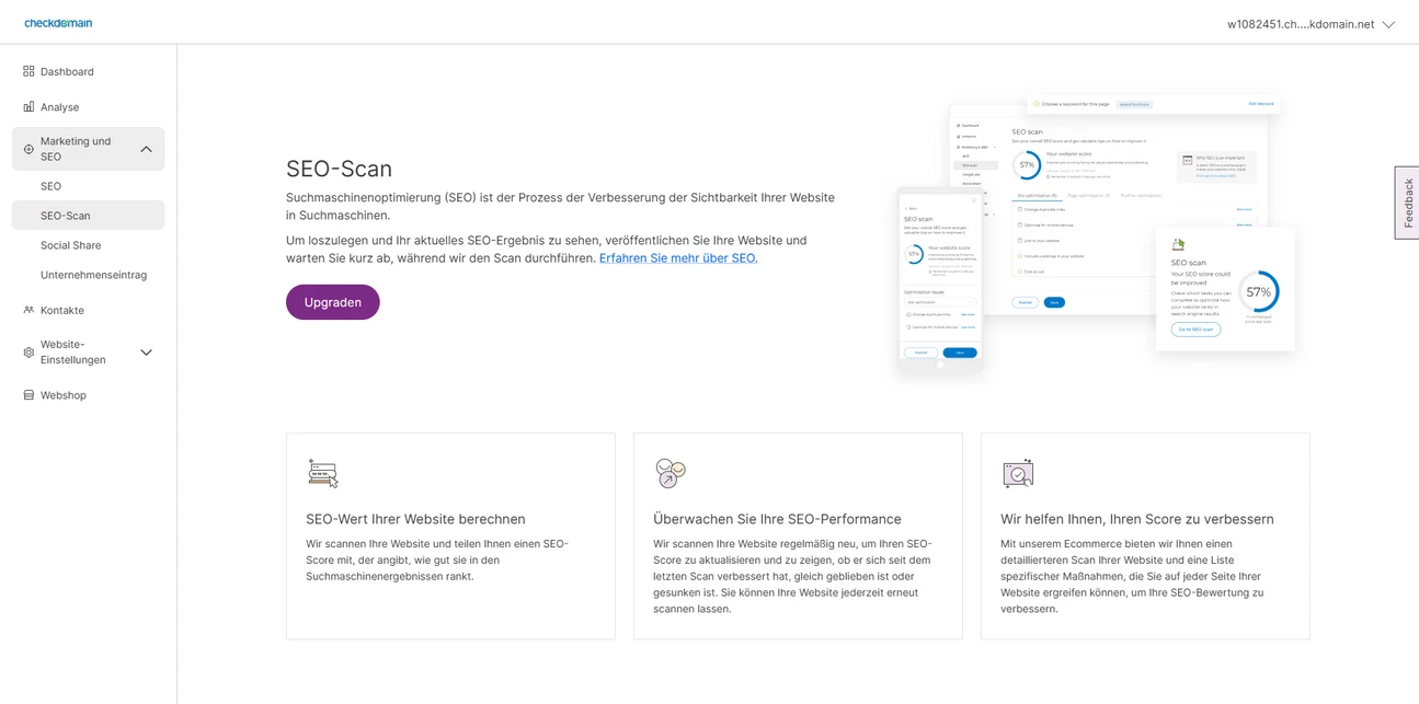 Screenshot einer Dashboard-Oberfläche: linke Seitenleiste, zentrales SEO-Scan-Panel mit Upgrade-Button, rechts Designvorschauen.