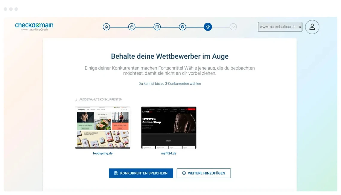 Web-App-Screenshot: zentrales weißes Panel, Titel Behalte deine Wettbewerber im Auge, zwei Thumbnails, Buttons.