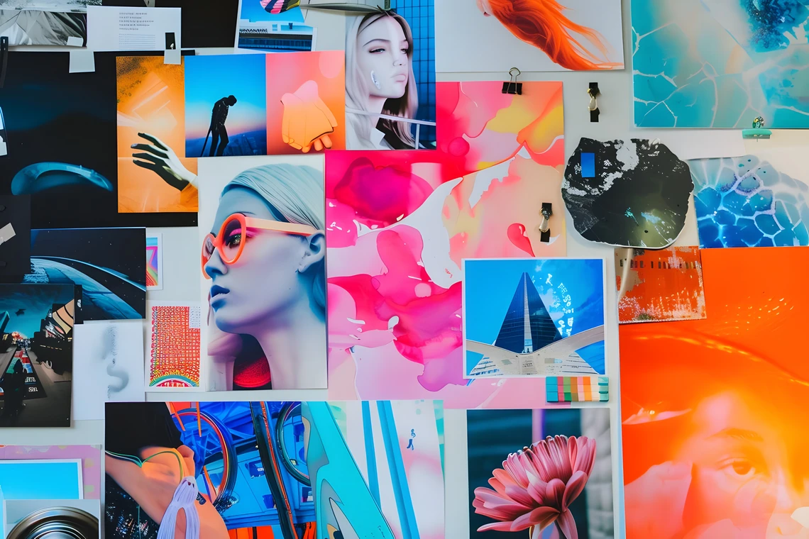 Bunte Fotocollage an der Wand aus Porträts, Mustern und farbigen Bildern in unterschiedlichen Größen.
