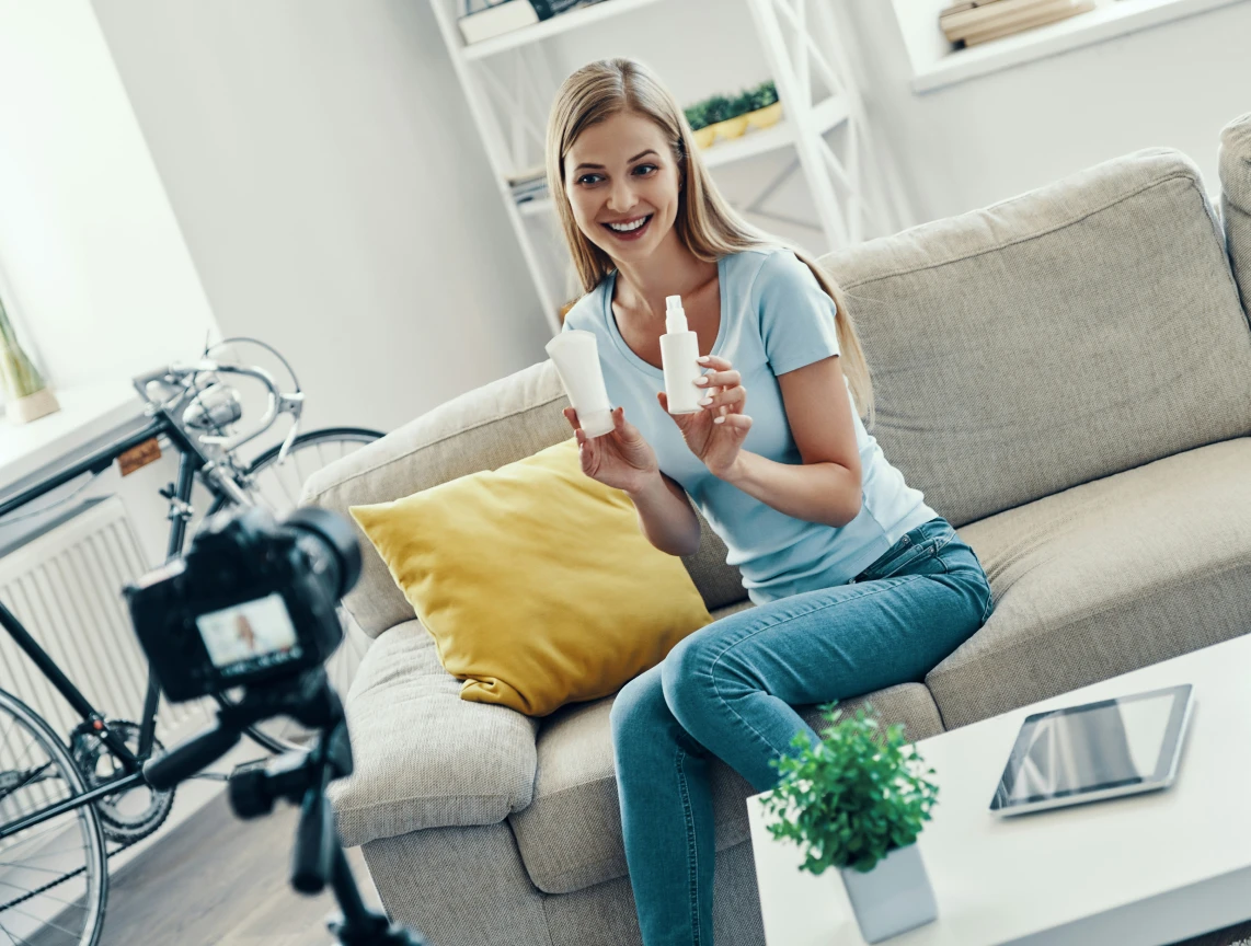 Frau sitzt auf heller Couch, hält zwei weiße Tuben; Kamera auf Stativ filmt sie; gelbes Kissen, Pflanze, Tablet.