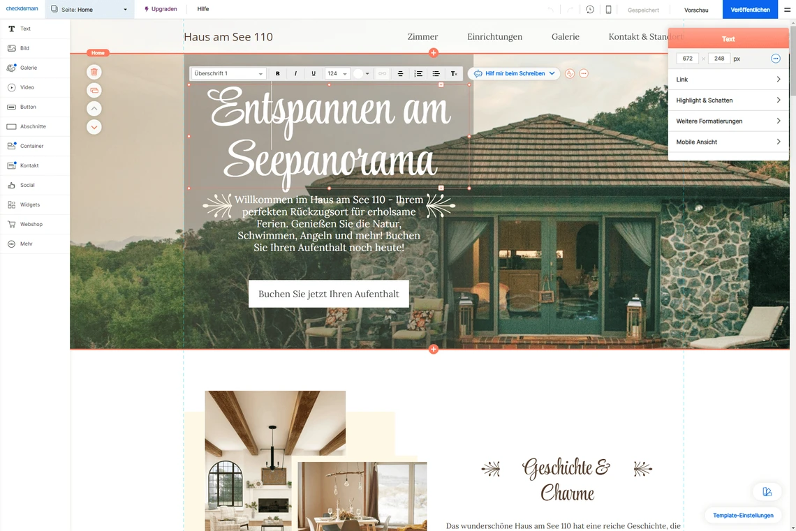 Screenshot eines Website-Editors: Hero-Bild eines Hauses am See mit weißer Schrift 'Entspannen am See'.