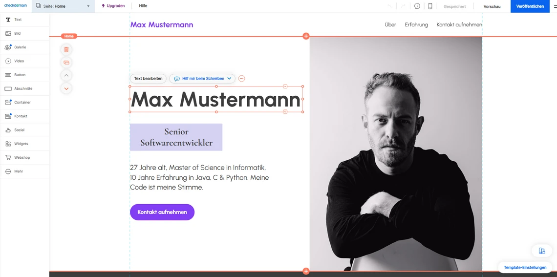 Design-Oberfläche: linke Profilkarte mit dem Namen Max Mustermann, rechts ein schwarz-weißes Porträt eines Mannes.