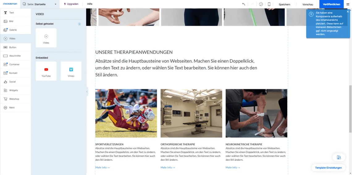 Screenshot einer Webseiten-Editor-Oberfläche: Linkes Menü, Überschrift UNSERE THERAPIEANWENDUNGEN, drei Bildkacheln.