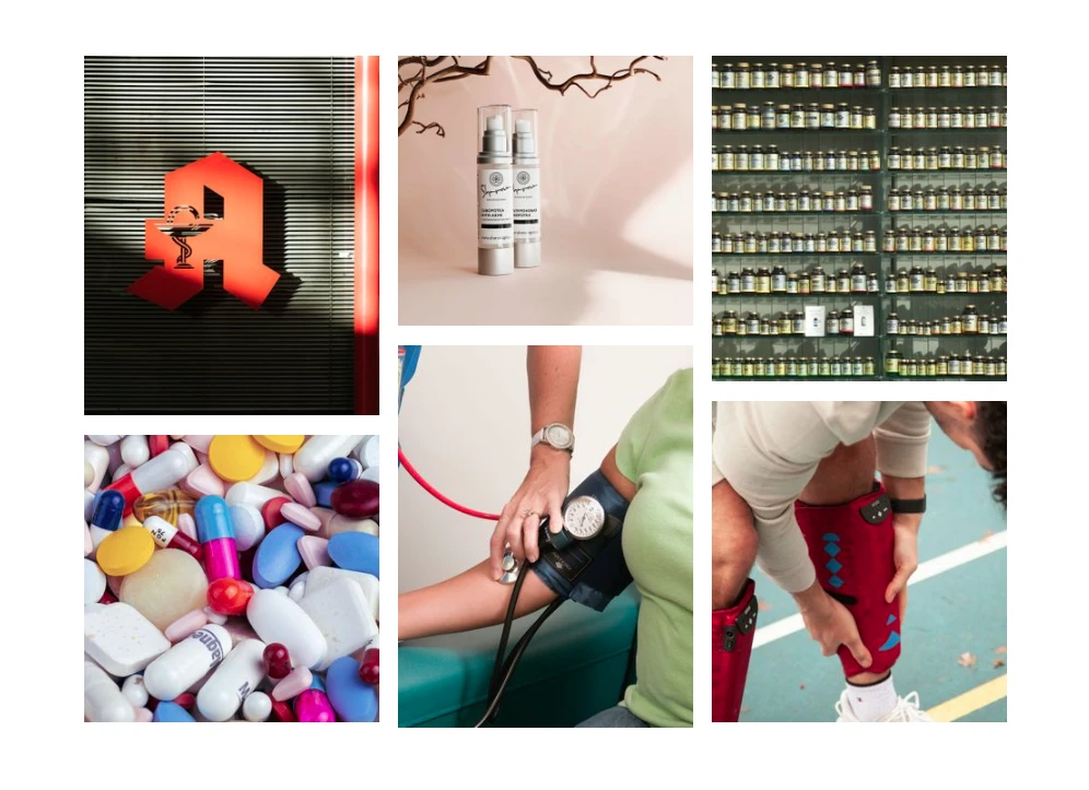 Kollage aus sechs Bildern: roter 3D-Buchstabe A; zwei weiße Fläschchen; Gläserregal; Pillen; Blutdruckmessung; Sportoutfit.