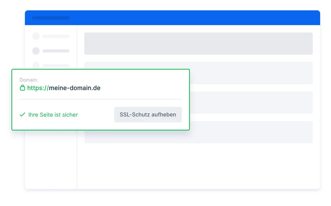 Screenshot einer Website mit blauer Kopfzeile, linker Seitenleiste und grauen Content-Blöcken; Popup mit Domain-URL und SSL.