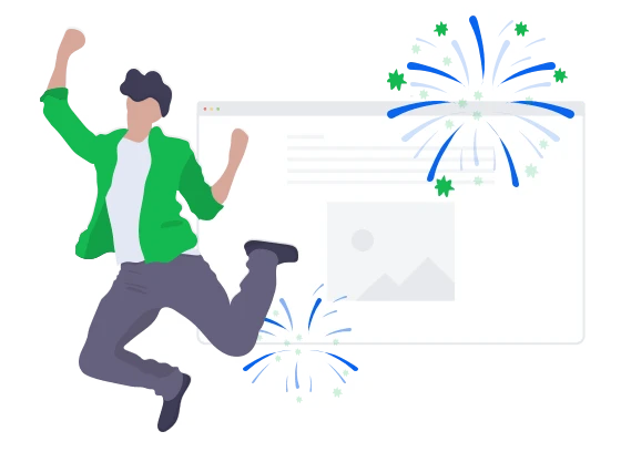 Person in einer grünen Jacke springt vor einer hellen Webseite; blaue Feuerwerke rahmen die Szene ein.