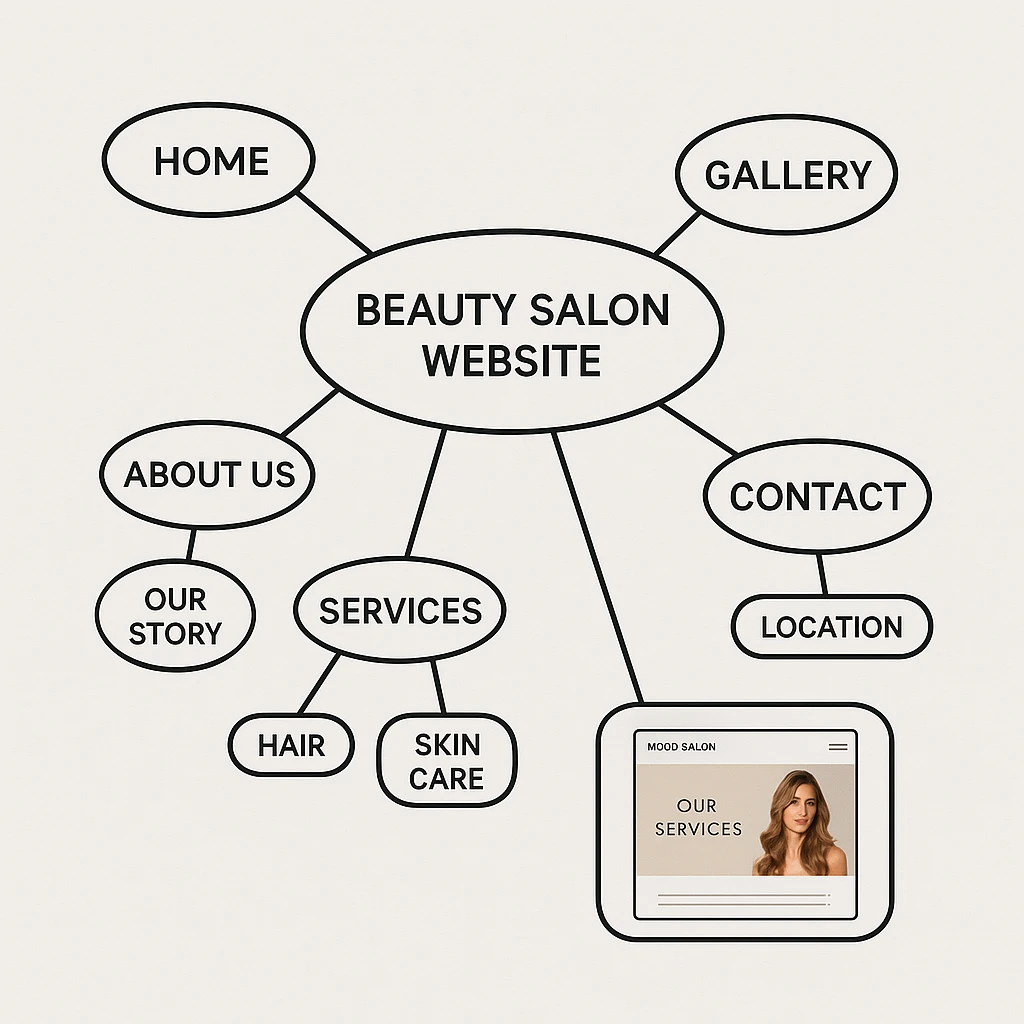 Mindmap einer Beauty-Salon-Website mit Verzweigungen zu Home, Gallery, About Us, Services, Contact, Location; Hair, Skin Care
