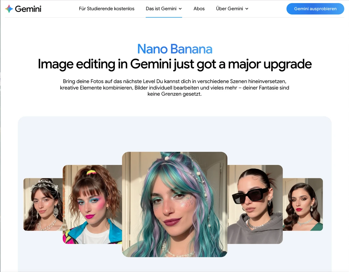 Gemini-Seite mit Logo, Menü, Nano Banana; überlappende Porträtfotos einer Frau mit bunten Haaren vor blauem Hintergrund.