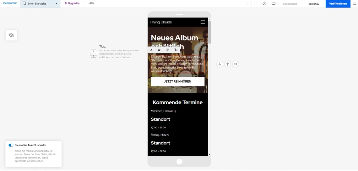 Screenshot eines Design-Tools mit Smartphone-Mockup in der Mitte; schwarzer Bildschirm mit dem Titel 'Neues Album'.