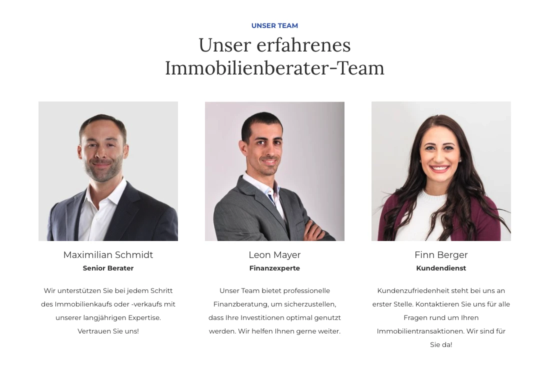 Drei Porträtfotos professionell gekleideter Personen: Maximilian Schmidt, Leon Mayer und Finn Berger.