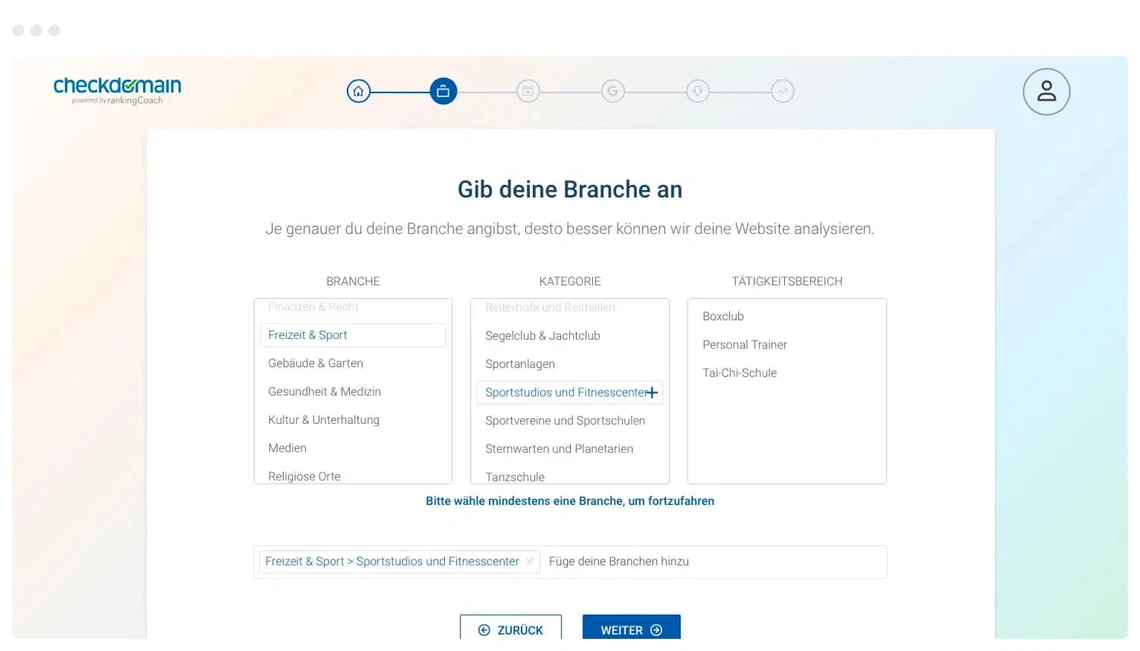 Screenshot einer Webanwendung mit Formular zur Branche, Kategorie und Tätigkeitsbereich; weißer Kasten, Buttons unten.