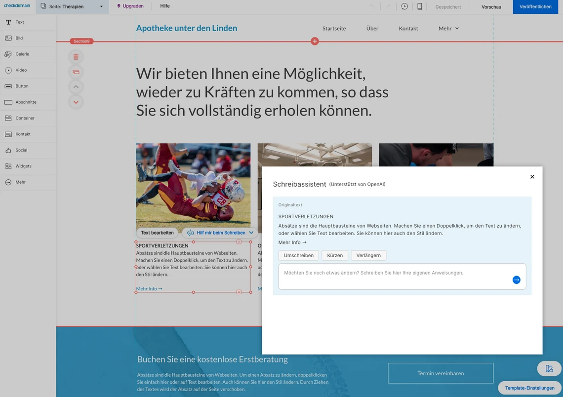 Screenshot einer Website mit linker Seitenleiste, zentralem Textabsatz, drei Vorschaubildern und offenem Schreibassistenten-Dialog.