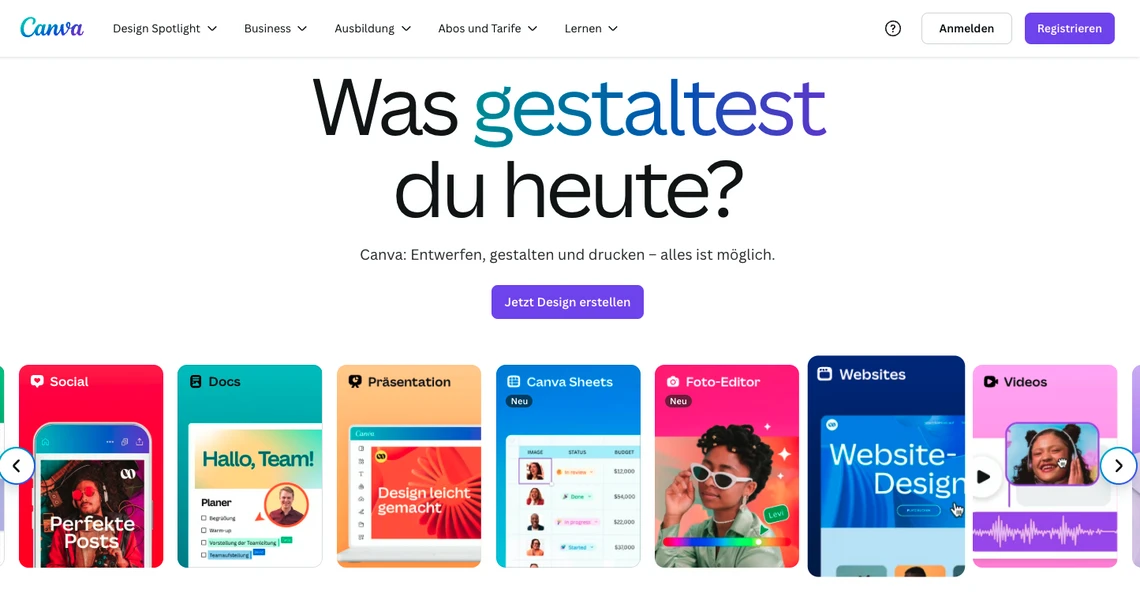 Canva-Startseite: Logo oben links, großer Text 'Was gestaltetest du heute?', Navigationsleiste und bunte Vorlagen-Kacheln unten.