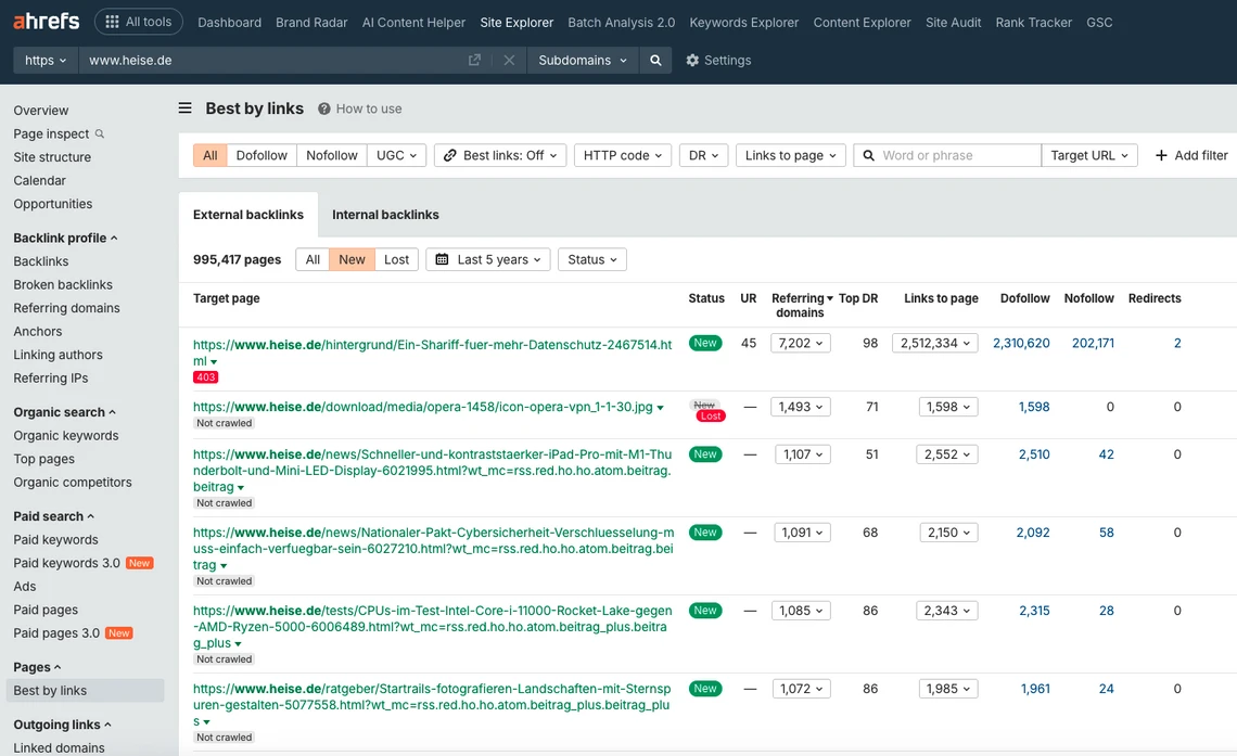 Screenshot eines Ahrefs-Dashboards: Tabelle mit externen Backlinks, Status, URLs, Redirects und Metriken.