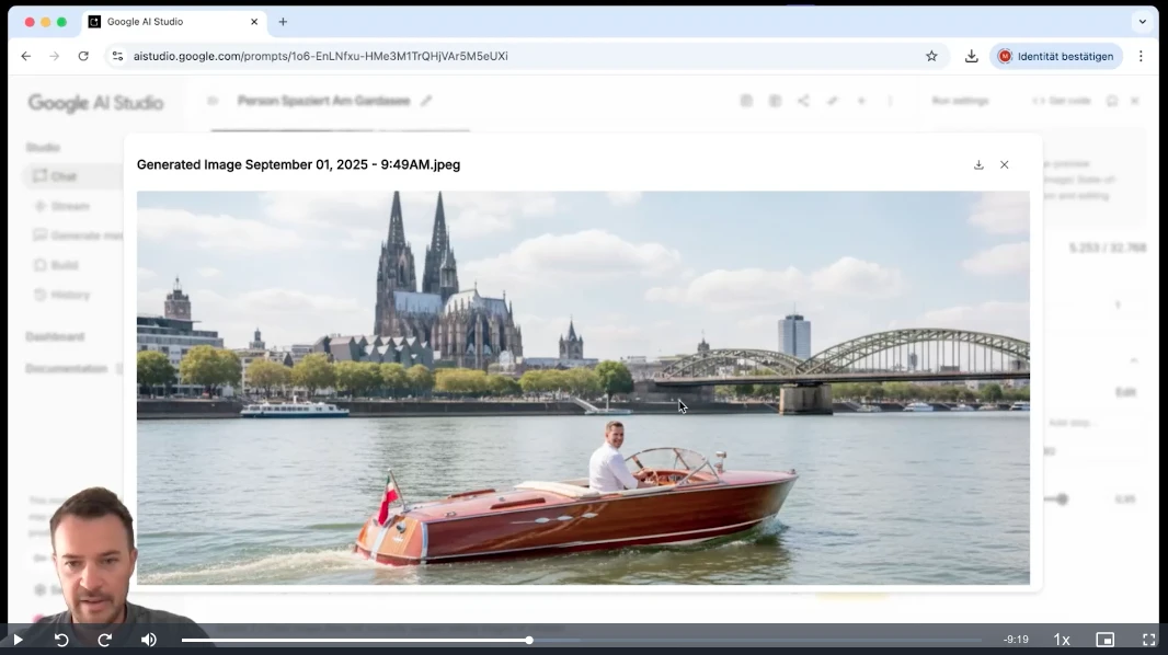 Rotes Sportboot mit Fahrer auf dem Fluss; Kathedrale, Brücke und Bäume im Hintergrund; Videobild unten links.