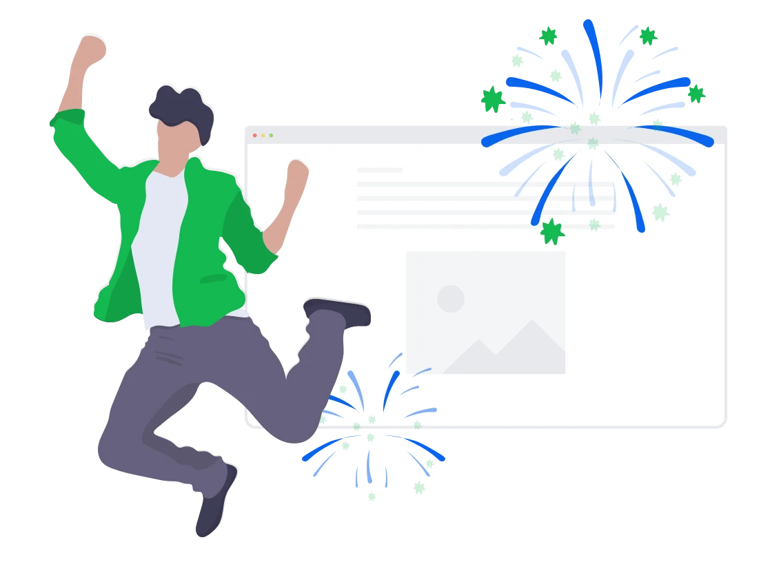 Person springt neben einer großen Webseite mit Bildplatzhalter; blaue Feuerwerke ringsum.