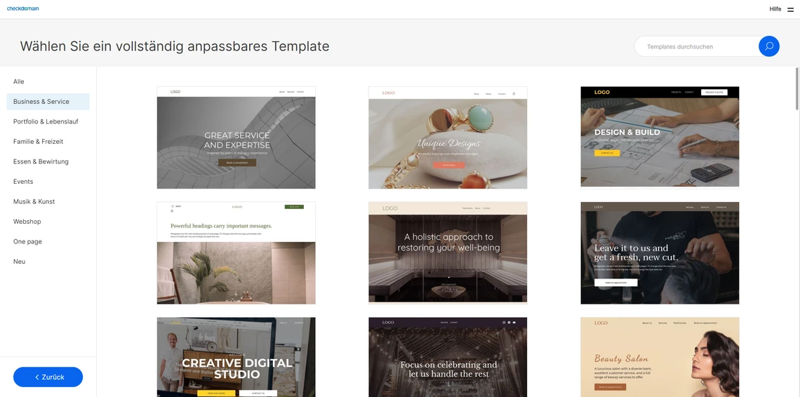 Screenshot einer Template-Galerie mit neun Vorschaubildern in einem Raster; linke Seitenleiste.