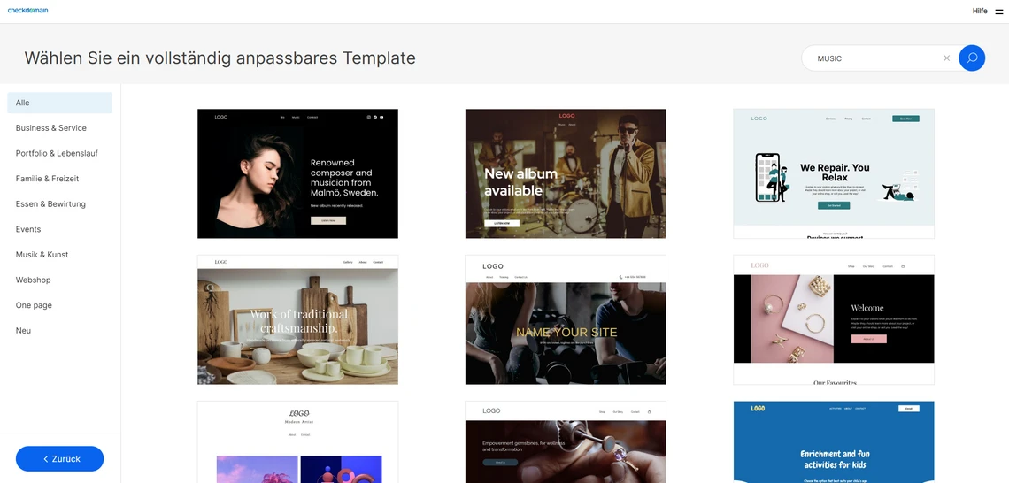Screenshot einer Template-Galerie: linker Seitenbereich mit Kategorien, rechter Raster zeigt mehrere Webseiten-Vorlagen.