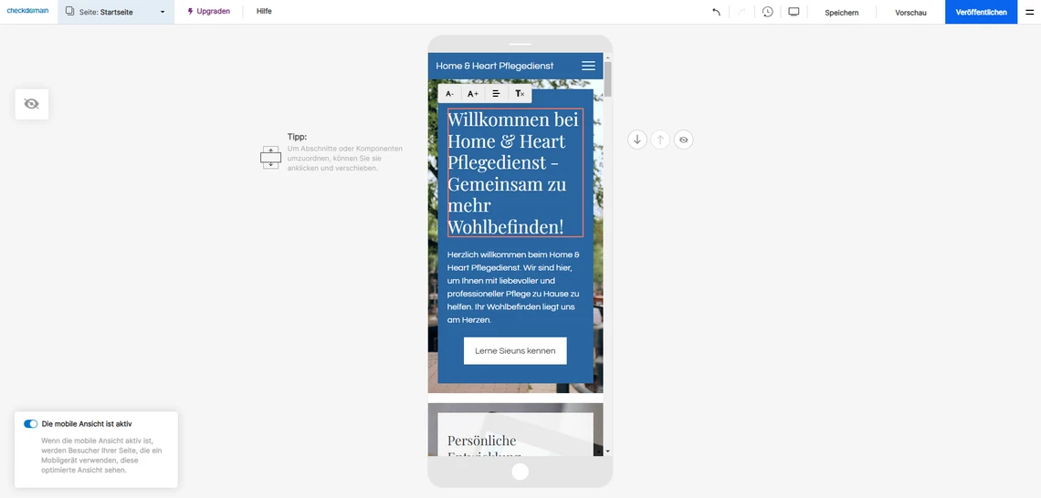 Smartphone-Display mit blauer Willkommenskarte und weißem Button; Hintergrund: Design-Editor.