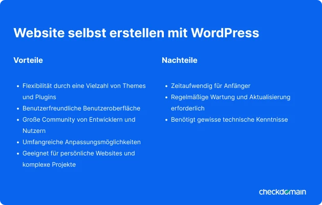 Blaues Layout mit weißem Titel Website selbst erstellen mit WordPress; Spalten Vorteile/Nachteile mit Listen, checkdomain