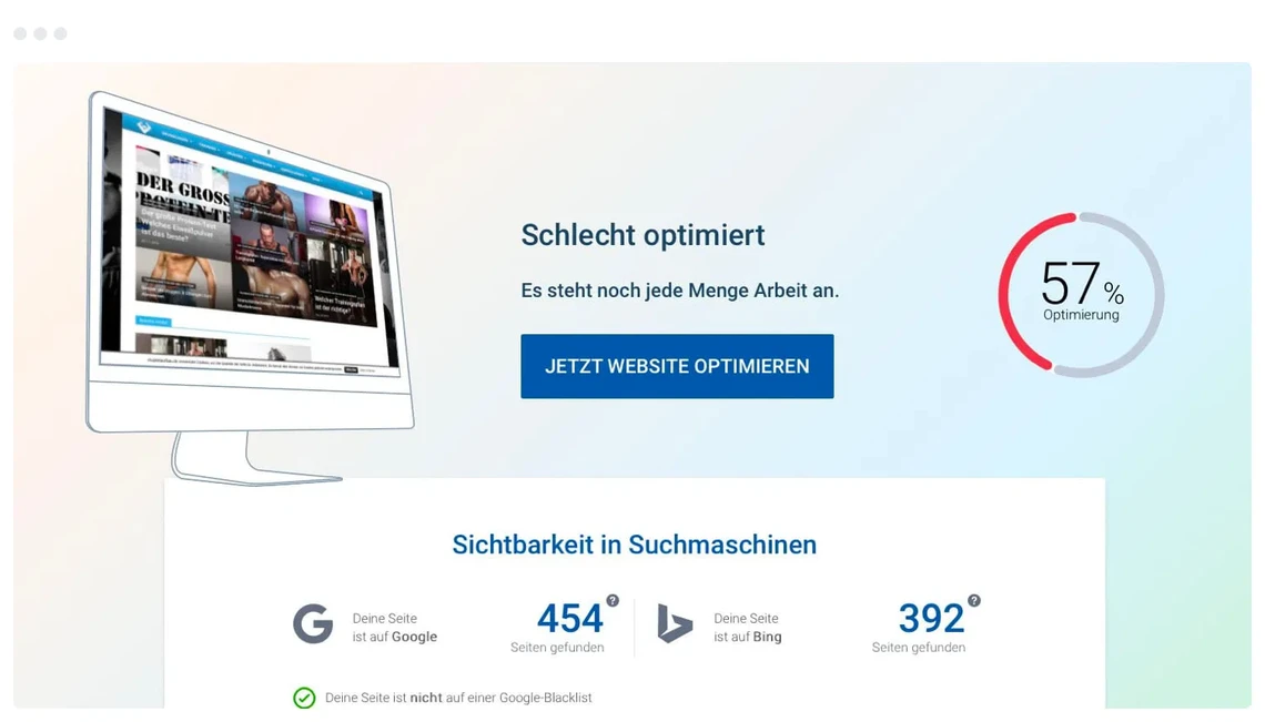 Computerbildschirm mit Website, daneben Text 'Schlecht optimiert', blauer Button 'JETZT WEBSITE OPTIMIEREN' und 57%-Ring.