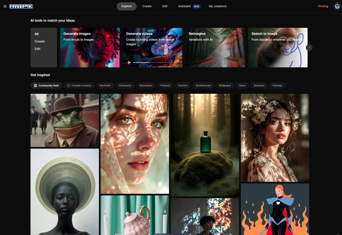 Screenshot einer dunklen Bildgalerie mit Raster aus Porträts, Naturaufnahmen und Fantasie-Szenen.