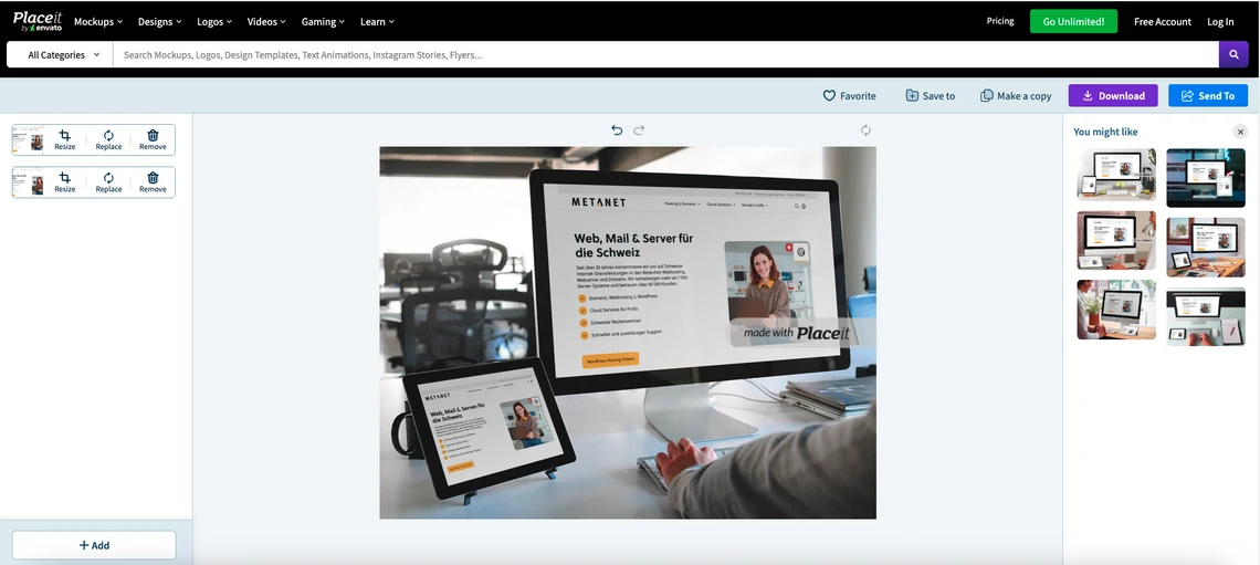 Großer Monitor zeigt eine Website; daneben Tablet und Smartphone auf dem Schreibtisch.