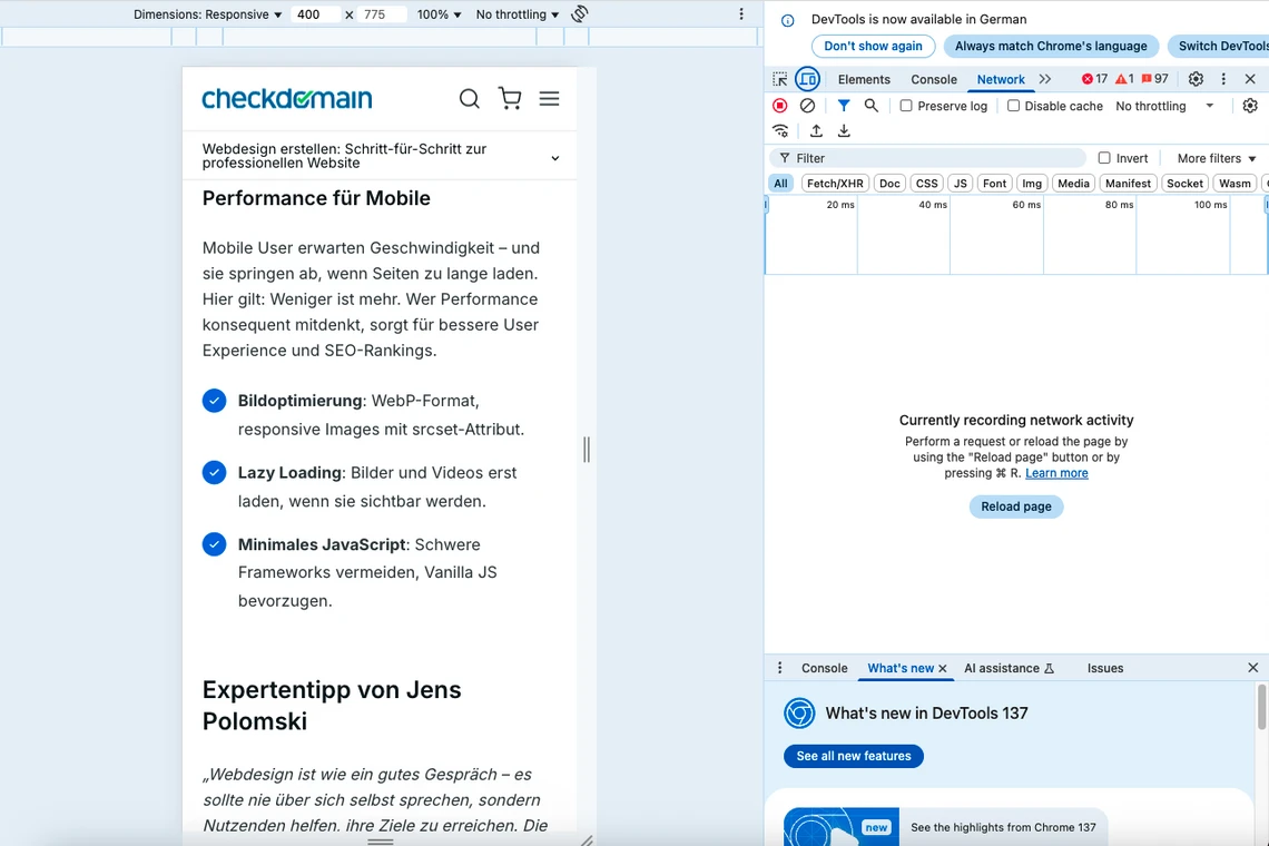 Screenshot eines Browserfensters: links mobile Website mit 'Performance for Mobile'; rechts DevTools.