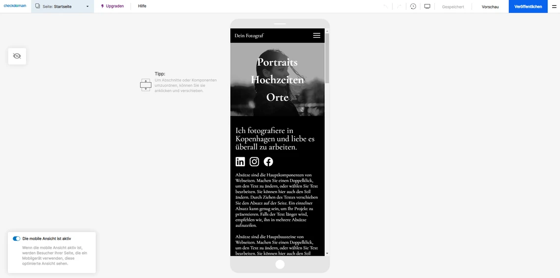 Schwarzes Smartphone-Display mit weißem Text, Überschrift 'Portraits Hochzeiten Orte' und Fließtext.